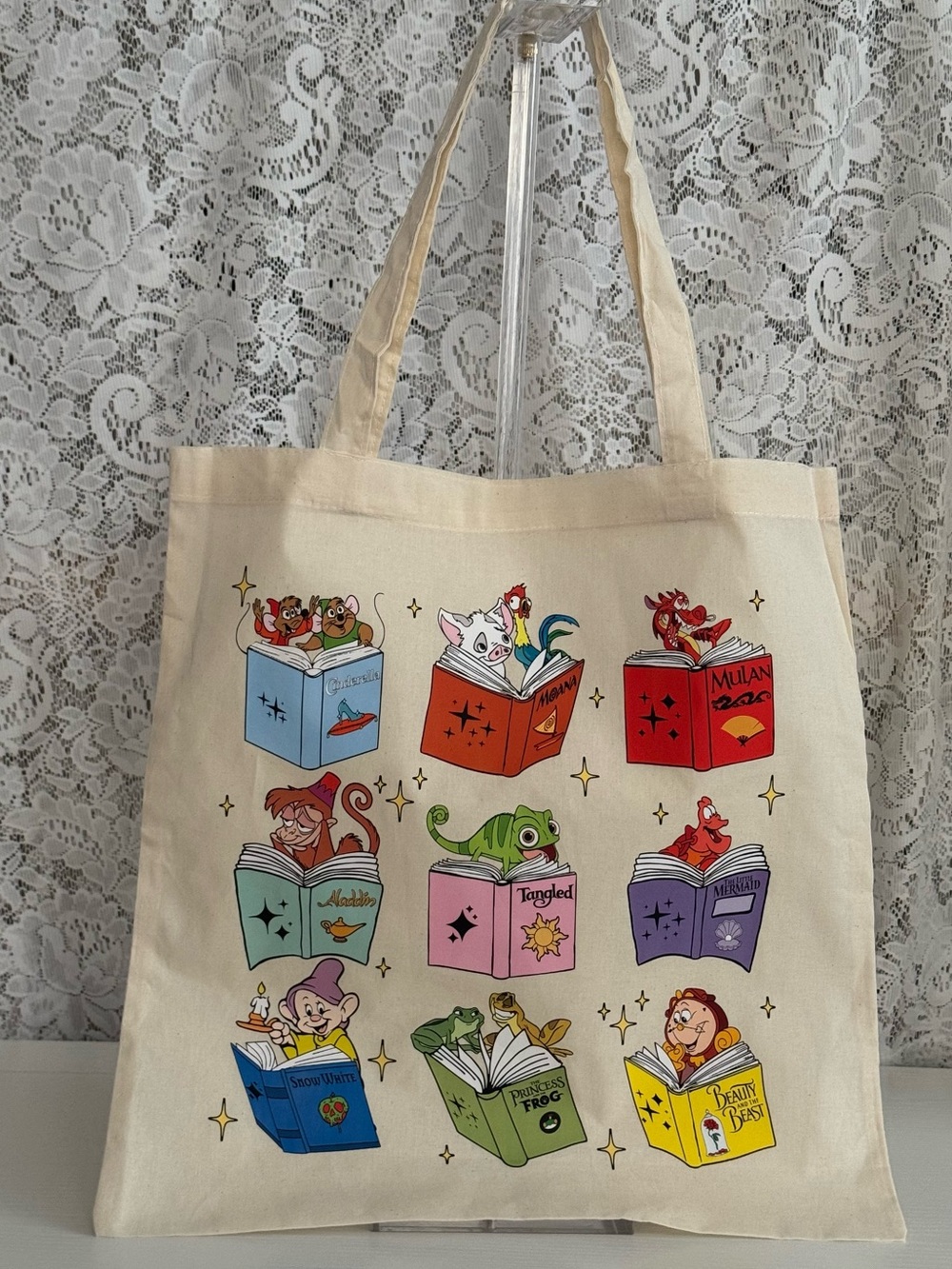 Disney Character Book Lover Canvas Tote Bag Princess Reading Books